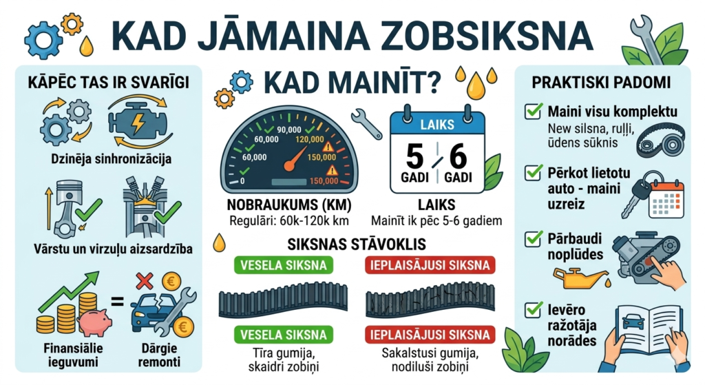 Jauna zobsiksna un spriegotājrullīši blakus automašīnas dzinējam, ilustrējot apkopes nozīmi.