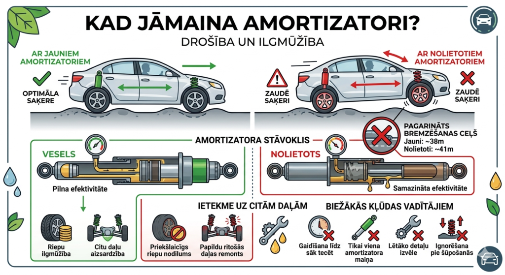 Salīdzinājums starp veselu amortizatoru un nolietotu amortizatoru, parādot ietekmi uz riepu saķeri ar ceļu.
