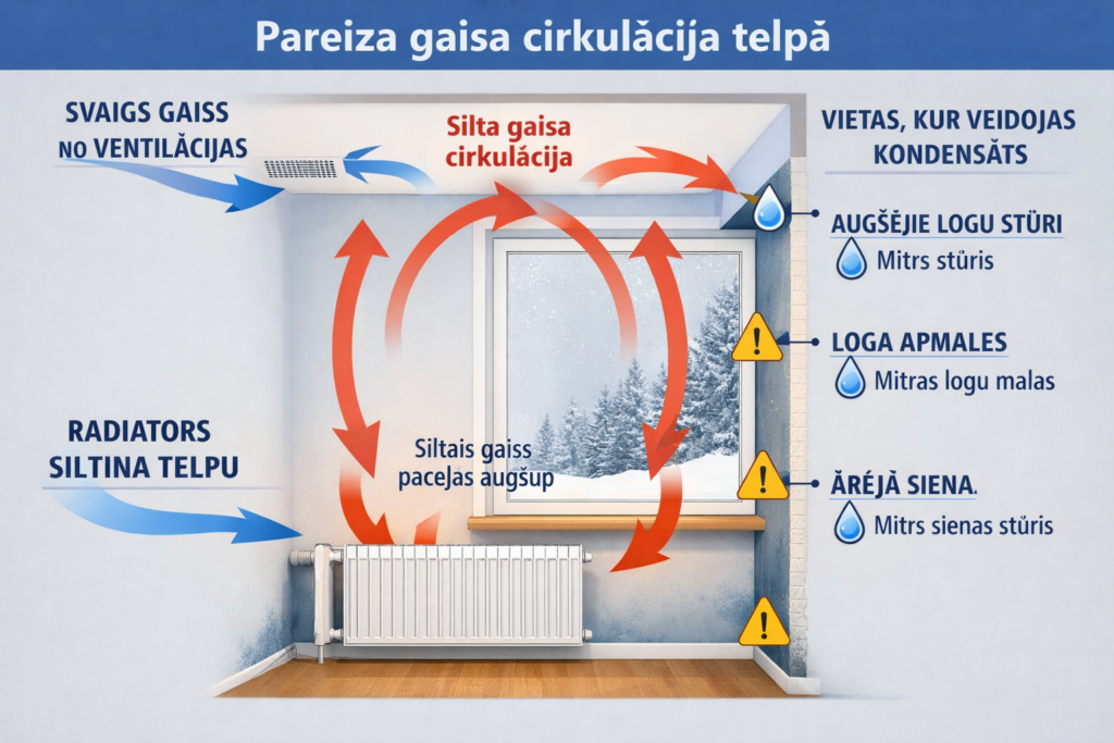Infografika par iemesliem, kāpēc mājās aizsvīst logi: nepietiekama ventilācija, augsts telpu mitrums, bloķēta siltā gaisa plūsma un nepareiza vēdināšana.