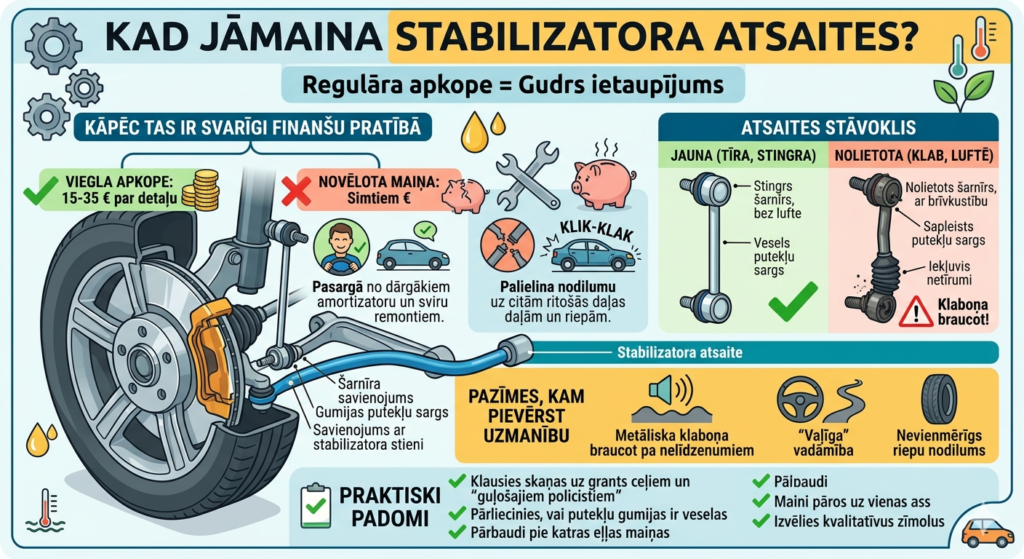 Shēma, kurā parādīta vesela un nolietota stabilizatora atsaite ar bojātu šarnīra gumiju un skaidrojums par klaboņu.