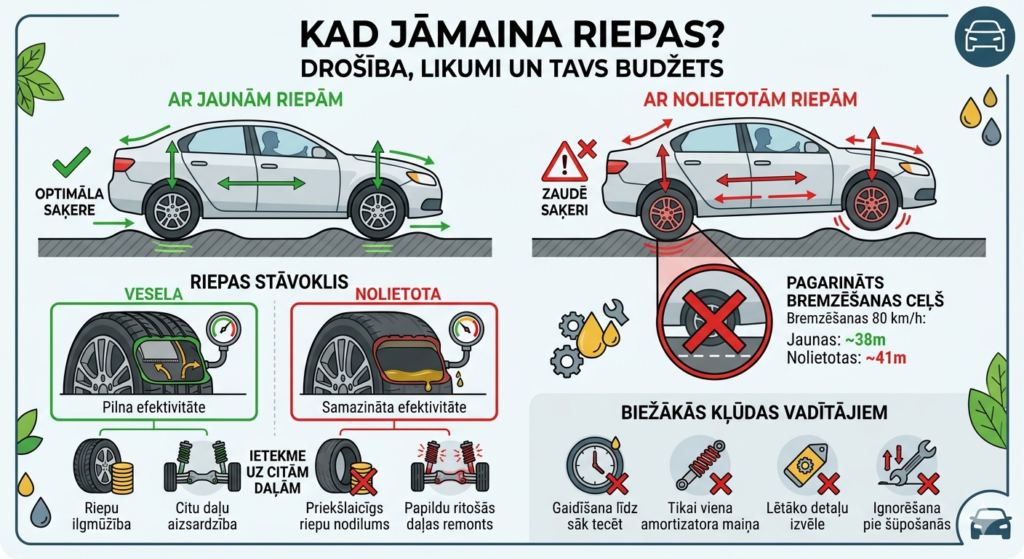 Salīdzinājums starp jaunu, biezu riepu un nolietotu, plānu dzinēja riepu.