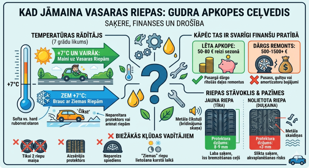 Infografika par vasaras riepu maiņu, parādot temperatūras robežu, protektora rakstu un akvaplanēšanas risku.