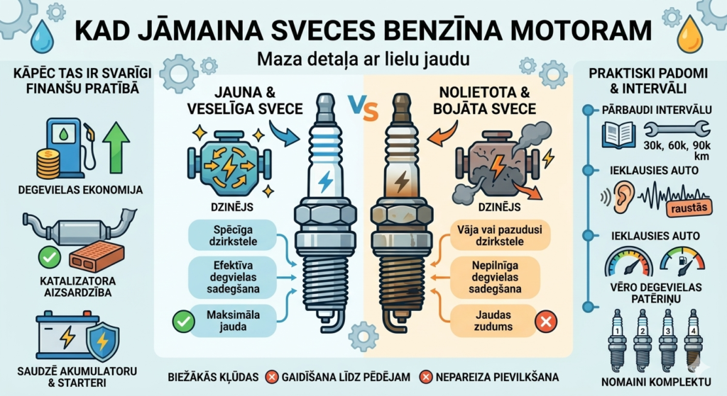 Salīdzinājums starp jaunu, spīdīgu aizdedzes sveci un nolietotu, nokvēpušu dzinēja sveci.