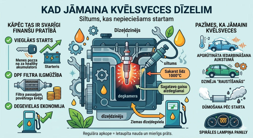 Karsta dīzeļdzinēja kvēlsvece, kas spīd sarkanā krāsā, simbolizējot siltumu iedarbināšanai.
