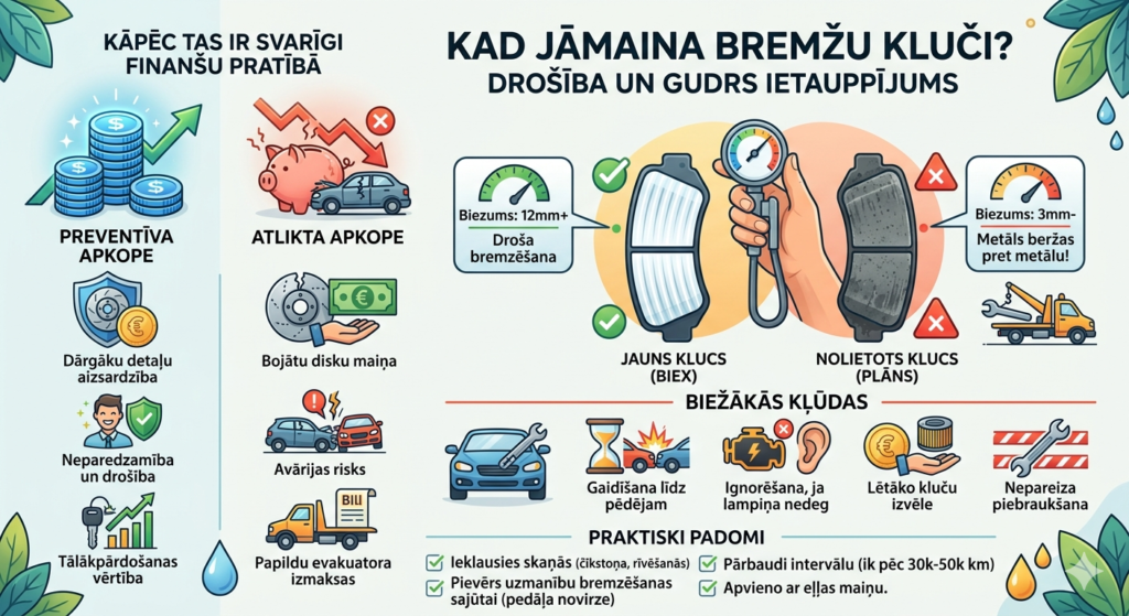 Salīdzinājums starp jaunu, biezu bremžu kluci un nolietotu, plānu dzinēja bremžu kluci.
