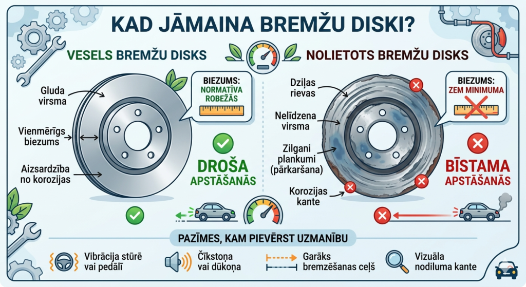 Shēma, kurā salīdzināts jauns, gluds bremžu disks un nolietots disks ar nodiluma kanti un rievām.