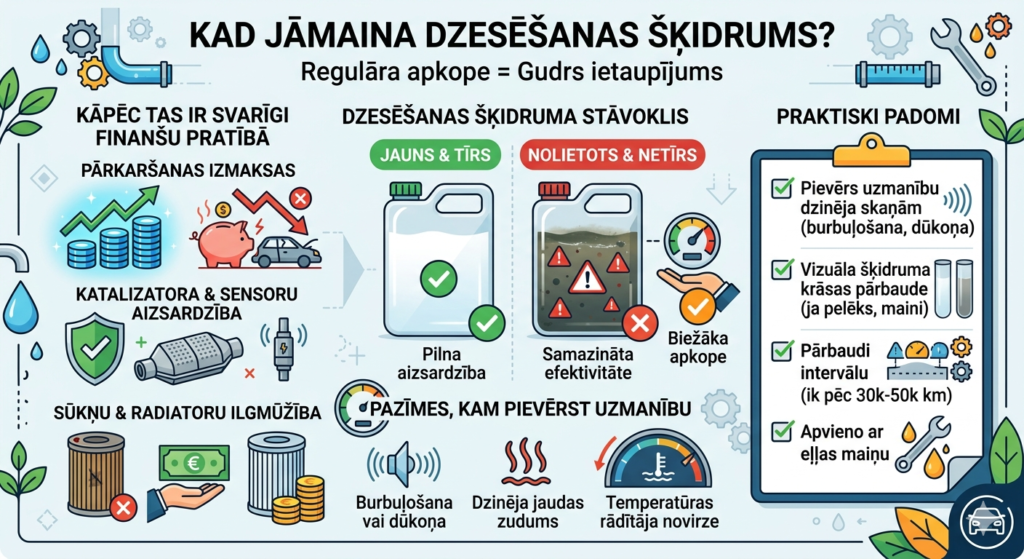 Salīdzinājums starp jaunu, gludu dzesēšanas šķidrumu un nolietotu, netīru dzinēja dzesēšanas šķidrumu.