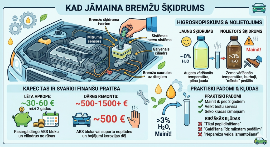Automehāniķis ar speciālu testeri pārbauda mitruma līmeni bremžu šķidruma tvertnē zem auto pārsega.