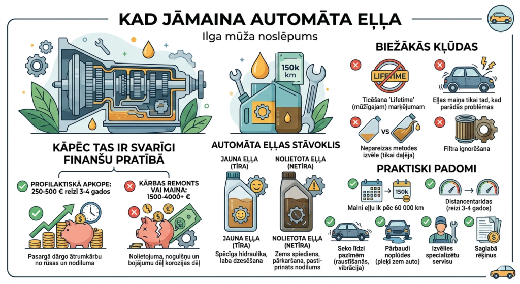 Dinamiskā eļļas maiņa automātiskajai ātrumkārbai ar speciālu iekārtu servisā.