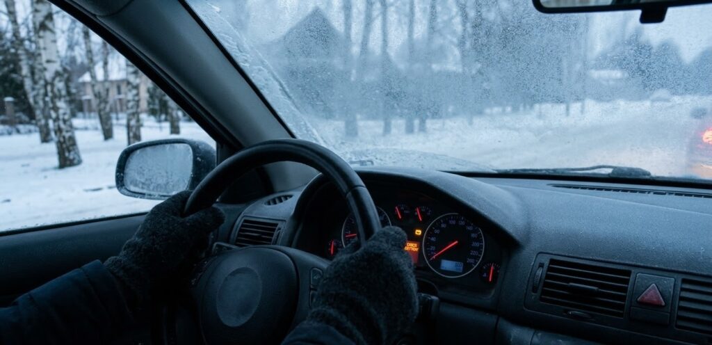 Fotoattēls no vadītāja perspektīvas, kurš tumšā, aukstā ziemas rītā mēģina iedarbināt automašīnu ar apsnigušu priekšējo stiklu. Uz instrumentu paneļa spīd akumulatora brīdinājuma lampiņa, norādot uz problēmu cēloni.