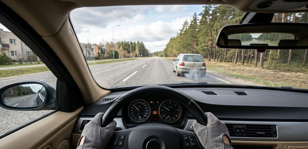 Foto no automašīnas salona, kurā redzams vadītājs pie stūres un instrumentu panelis ar iedegtu "Check Engine" lampiņu. Priekšā redzama cita automašīna, kas paātrinoties izdala dūmus, simbolizējot dzinēja darbības problēmas un raustīšanos pie paātrinājuma.