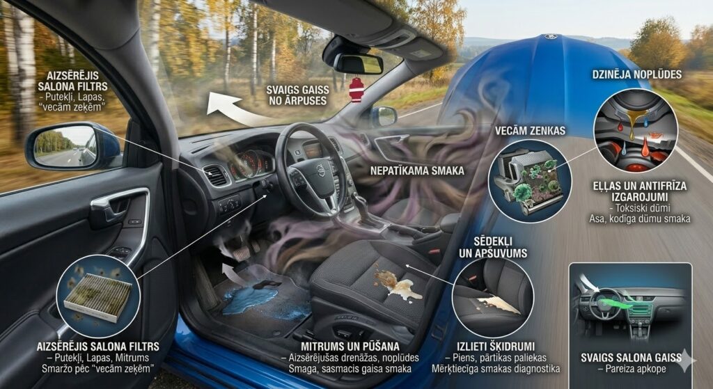 Infografika par nepatīkamām smakām auto salonā: kondicioniera pelējums, aizsērējis filtrs un mitruma radītas baktērijas.