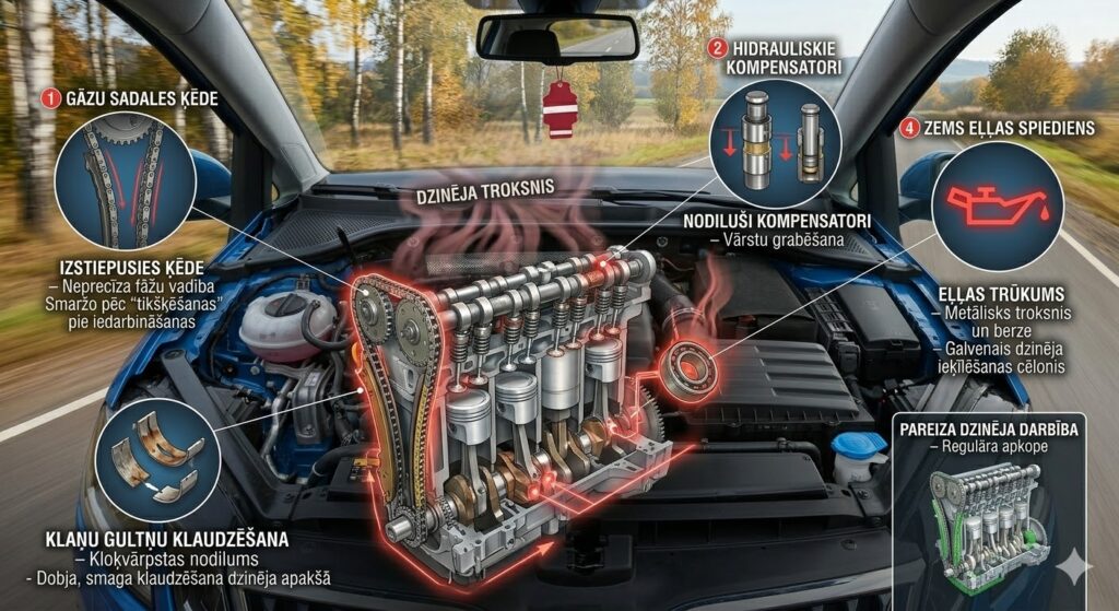 Infografika par dzinēja grabēšanas cēloņiem: zems eļļas spiediens, izstiepusies dzinēja ķēde, nodiluši vārstu kompensatori un klaņu gultņi.