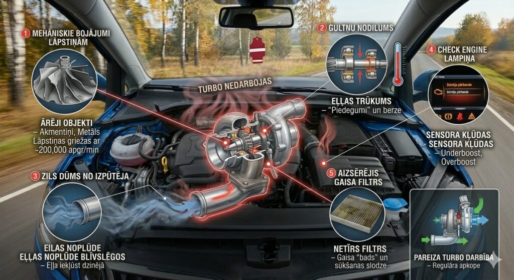 Infografika par auto turbo problēmām: bojātas lāpstiņas, eļļas noplūde blīvslēgos, saplaisājušas gaisa šļūtenes un aizsērējis interkūleris.