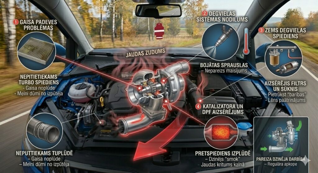 Infografika par iemesliem, kāpēc auto zaudē jaudu kalnā: aizsērējis degvielas filtrs, nepietiekams turbo spiediens, netīrs gaisa filtrs un bojātas sprauslas.