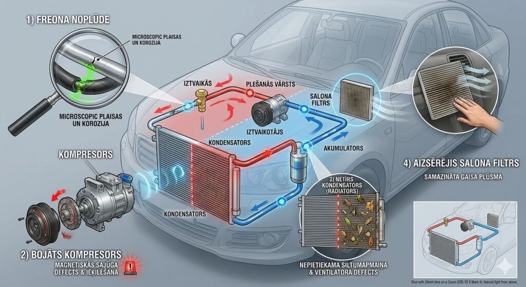 Auto klimata kontroles sistēmas infografika: freona noplūde, bojāts kompresors un aizsērējis kondicioniera radiators.