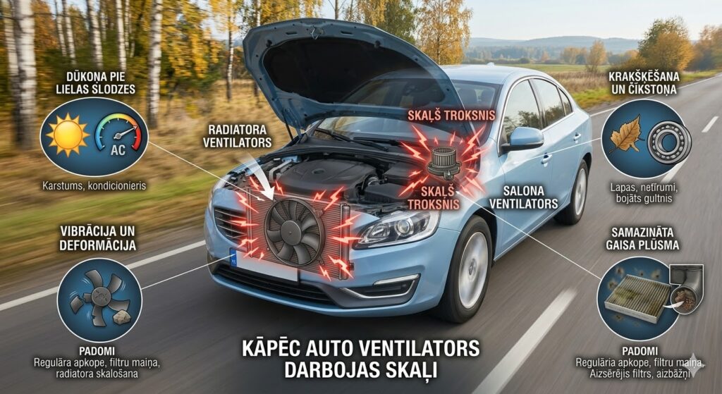 Infografika par auto ventilatora trokšņiem: netīrumi lāpstiņās, bojāti motora gultņi, salona filtra ietekme un dzinēja pārkaršanas pazīmes.