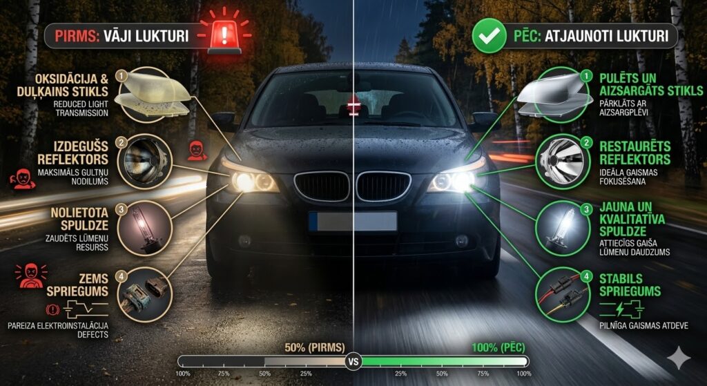 Infografika par auto lukturu gaismas zudumu: oksidējušies stikli, izdedzis reflektors, nolietota ksenona spuldze un sprieguma kritums.