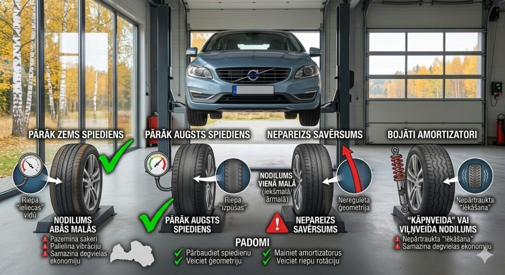 Infografika par nevienmērīgu riepu nodilumu: pārāk augsts/zems spiediens, nepareizs savērsums un bojātu amortizatoru radīti raksti.