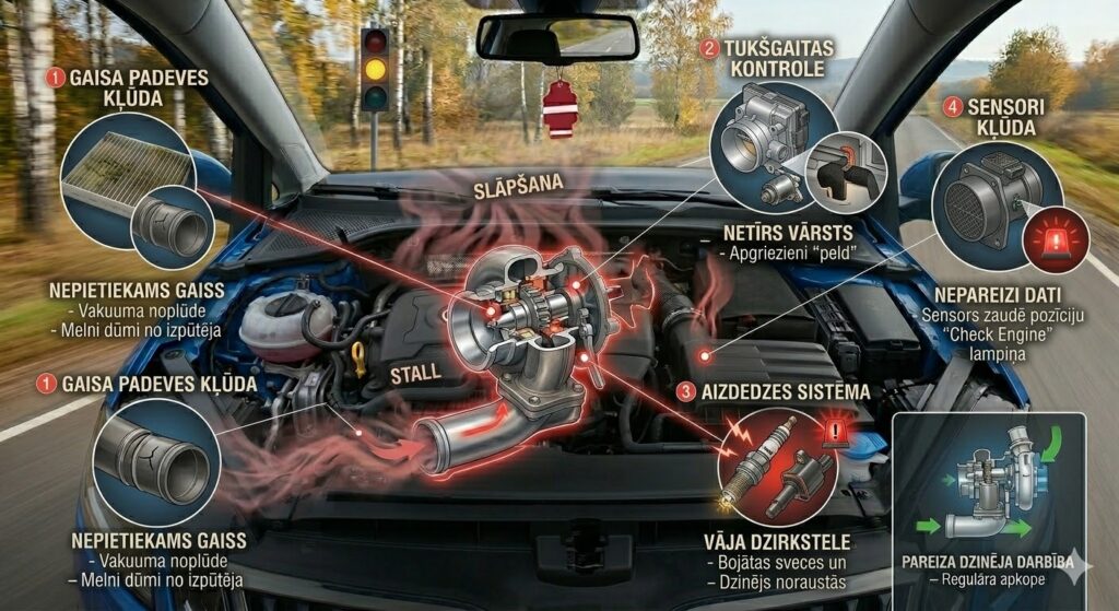 Infografika par iemesliem, kāpēc auto motors slāpst pie luksofora: netīra drosele, gaisa noplūdes, bojātas aizdedzes sveces un EGR vārsta defekts.