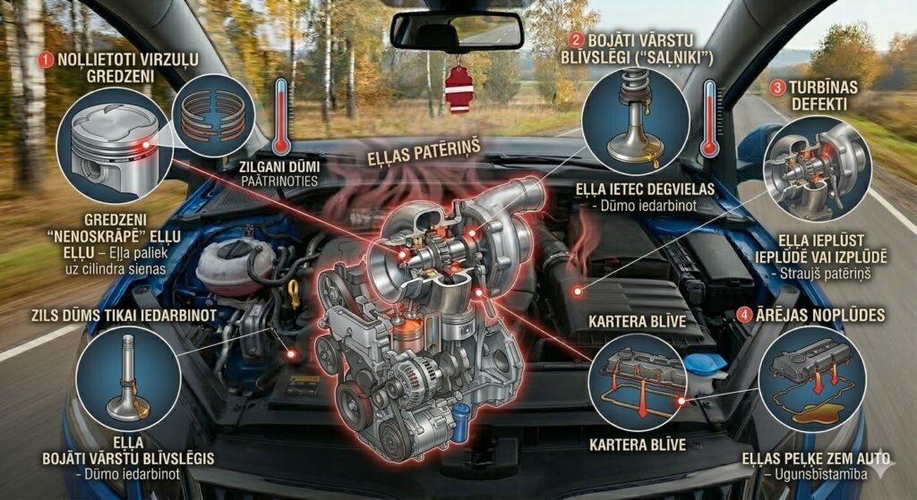 Infografika par auto eļļas patēriņa cēloņiem: nolietoti virzuļu gredzeni, turbīnas defekti, vārstu blīvslēgu nodilums un ārējās noplūdes caur blīvēm.