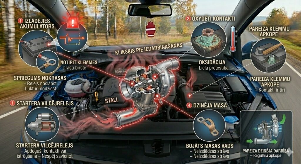 Infografika par auto iedarbināšanas problēmām: izlādējies akumulators, oksidētas klemmes un bojāts startera vilcējrelejs, kas izraisa klikšķēšanu.