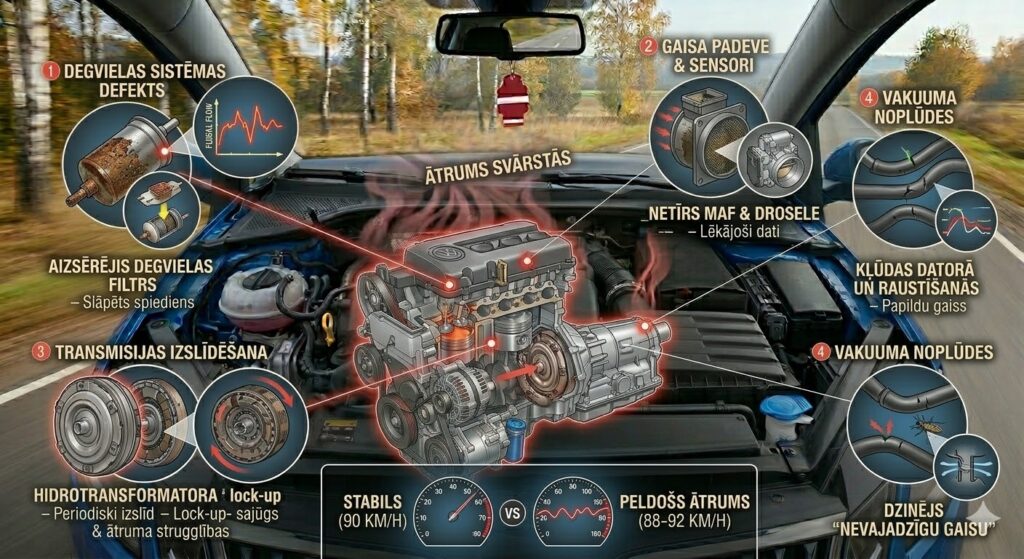 Infografika par iemesliem, kāpēc auto ātrums svārstās braucot: aizsērējis degvielas filtrs, netīrs gaisa masas mērītājs, transmisijas izslīdēšana un vakuuma noplūdes.
