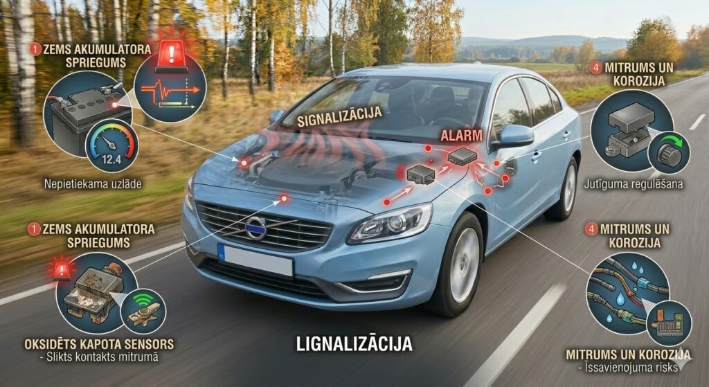 Infografika par auto signalizācijas viltus trauksmēm: zems akumulatora spriegums, oksidēts kapota sensors, pārāk jutīgs trieciena sensors un mitrums elektrosistēmā.
