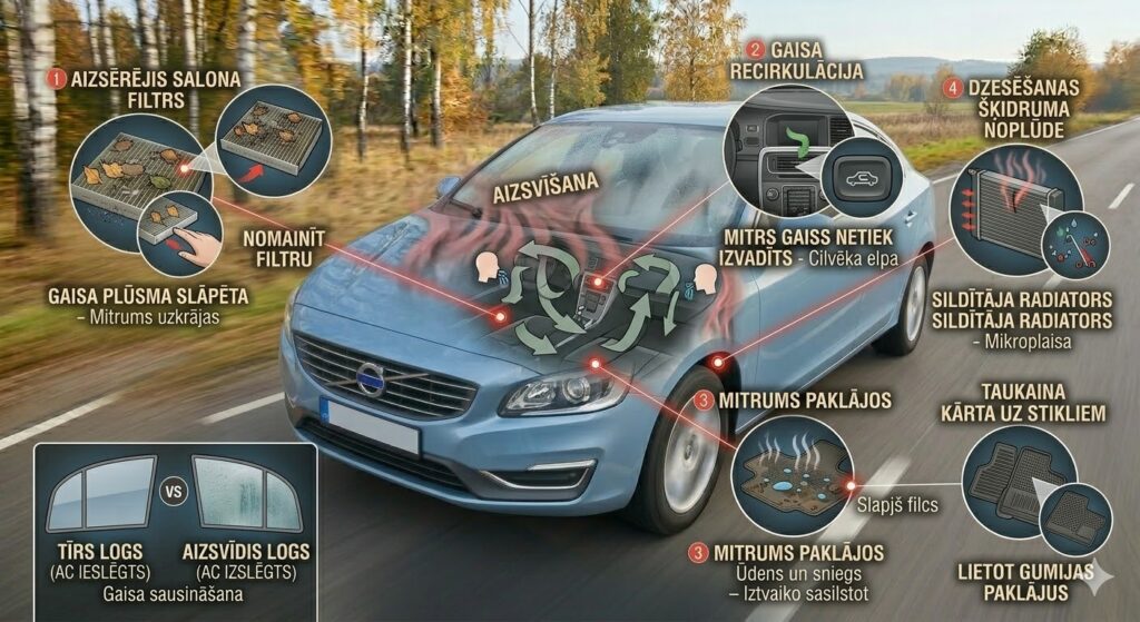 Infografika par auto logu aizsvīšanas iemesliem: aizsērējis salona filtrs, gaisa recirkulācija, mitrums paklājiņos un dzesēšanas šķidruma noplūde.