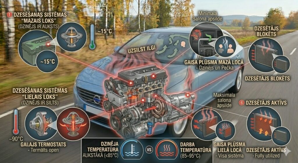 Infografika par auto dzinēja uzsilšanas problēmām: bojāts termostats, dīzeļdzinēja specifika, dzesēšanas sistēmas mazais un lielais loks.