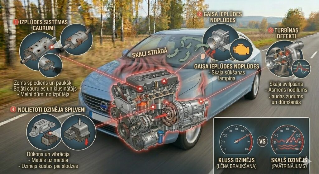 Infografika par iemesliem, kāpēc auto skaļi strādā pie paātrinājuma: izplūdes sistēmas caurumi, gaisa ieplūdes noplūdes, turbīnas defekti un nolietoti dzinēja spilveni.