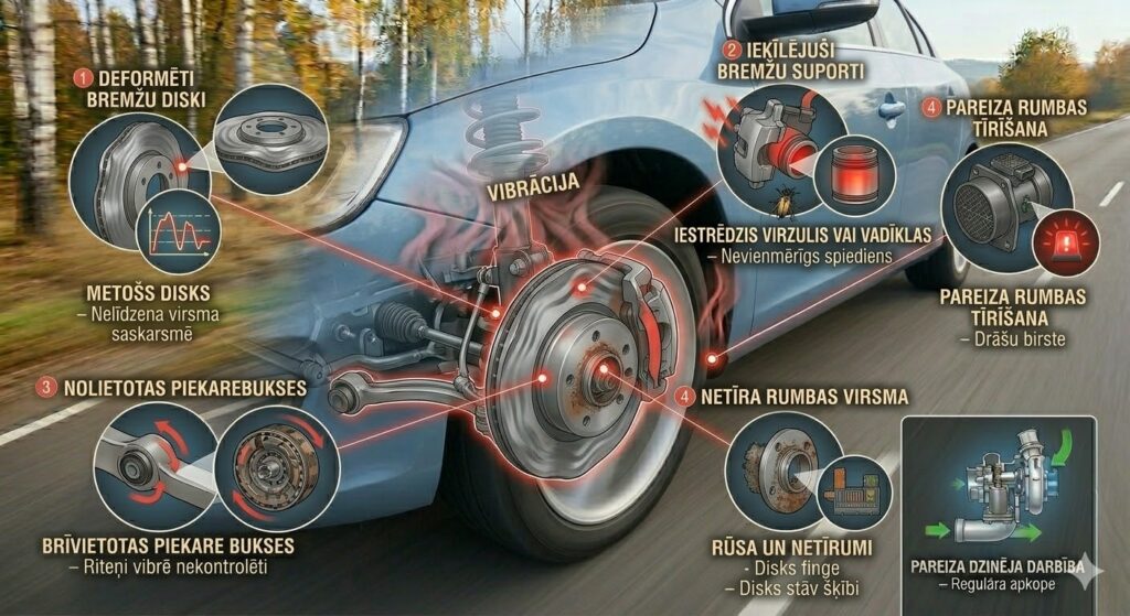 Infografika par auto vibrācijas cēloņiem bremzējot: deformēti bremžu diski, ieķīlējuši suporti un nolietotas piekares bukses, kas ietekmē stūres stabilitāti.