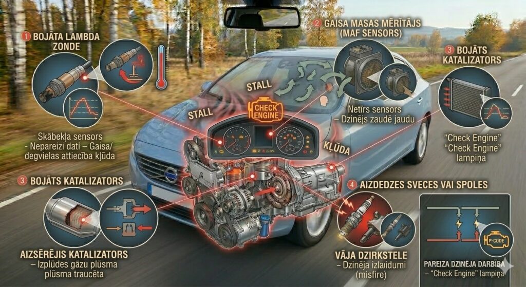 Infografika par Check Engine lampiņas iemesliem: aizdedzes sveces, lambda zonde, gaisa masas mērītājs un katalizators.