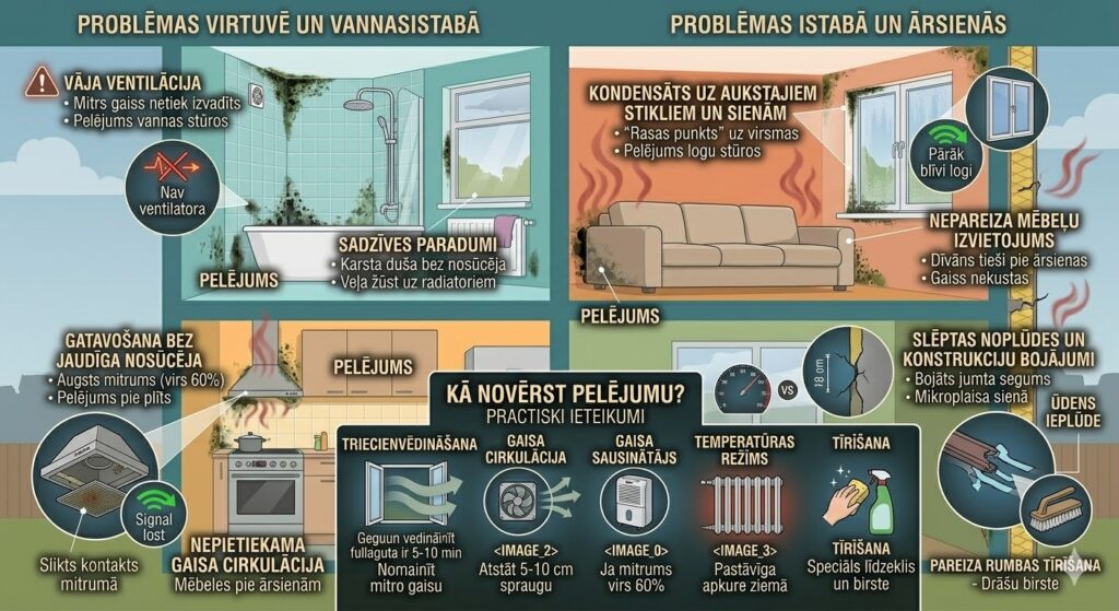 Infografika par pelējuma cēloņiem mājā: augsts mitrums virs 60%, nepietiekama gaisa cirkulācija aiz mēbelēm, aukstie stūri un vāja ventilācija.