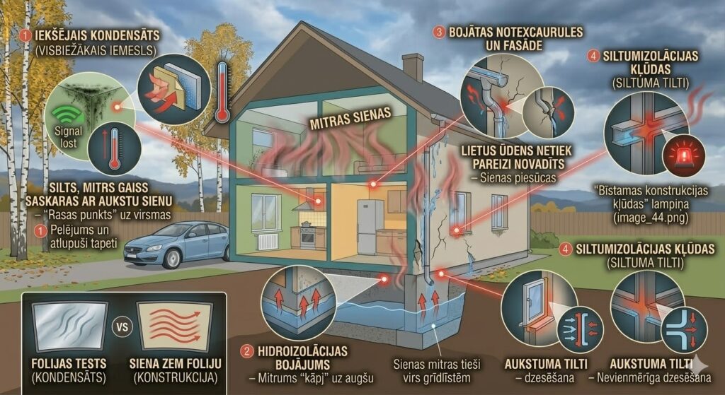 Ilustrācija par sienu mitruma cēloņiem: temperatūras atšķirība un kondensāts, slikta fasādes izolācija, kapilārais mitrums no pamatiem un nepareiza ventilācija.
