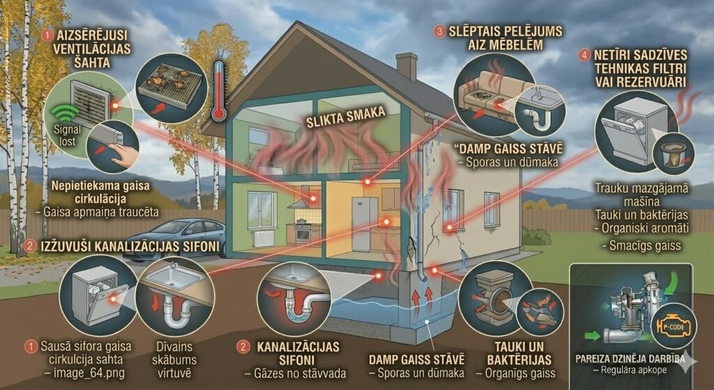 Infografika par sliktas smakas cēloņiem dzīvoklī: aizsērējusi ventilācija, izžuvuši kanalizācijas sifoni, slēpts pelējums aiz mēbelēm un netīri filtri sadzīves tehnikā.