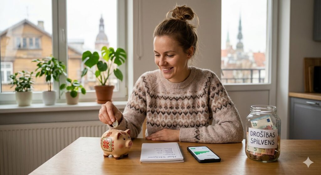 Sieviete pie galda ar klēpjdatoru un krājkasīti cūciņas formā, plānojot personīgos uzkrājumus.