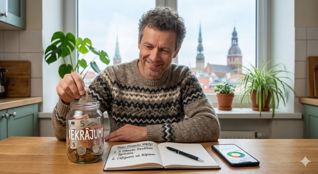 Ilustrācija ar personu, kas mēģina balansēt starp rēķinu kaudzi un nelielu naudas maku, simbolizējot finanšu slogu.