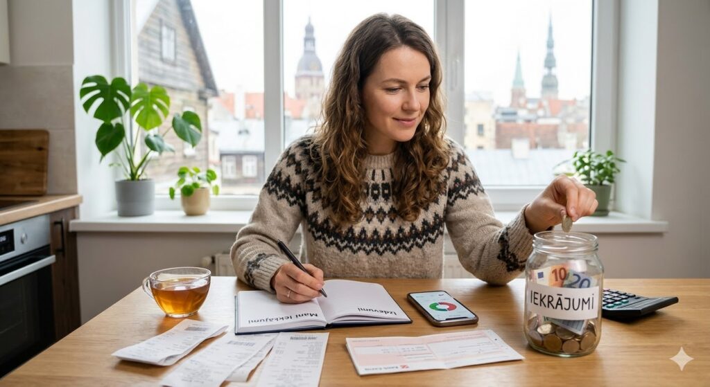 Persona analizē rēķinus un pirkumu čekus pie galda, izmantojot kalkulatoru un mobilo lietotni finanšu plānošanai.