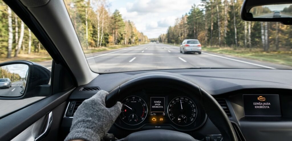Skats no autovadītāja pozīcijas brauciena laikā pa šoseju. Uz automašīnas mērinstrumentu paneļa un ekrāna redzams brīdinājums latviešu valodā "Dzinēja jauda ierobežota" un iedegta "Check Engine" lampiņa, kas simbolizē jaudas zudumu braukšanas laikā.