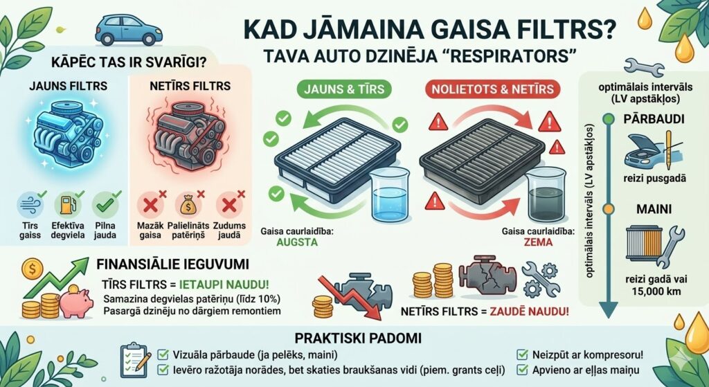 Salīdzinājums starp jaunu, baltu gaisa filtru un nolietotu, netīru dzinēja gaisa filtru.
