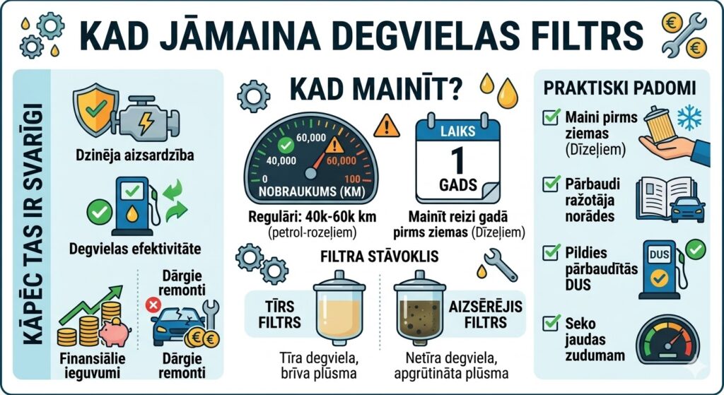 Jauns degvielas filtrs uz automašīnas dzinēja fona, simbolizējot tīru degvielas padevi.