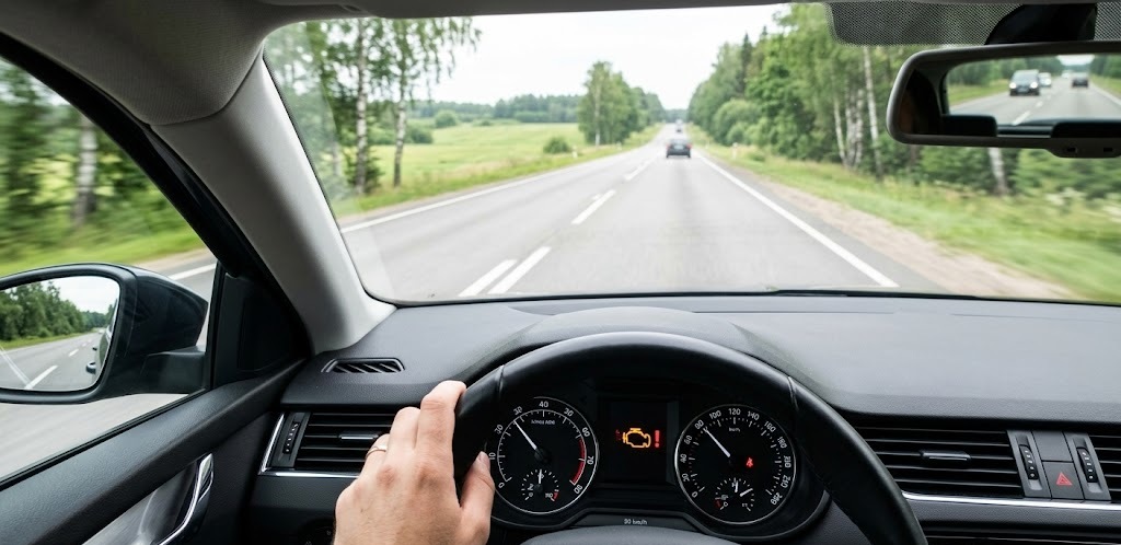 Skats no autovadītāja pozīcijas brauciena laikā pa šoseju Latvijā. Automašīnas instrumentu panelī ir iedegta sarkana dzinēja brīdinājuma lampiņa un temperatūras indikators, kas norāda uz kritisku dzinēja pārkaršanu.