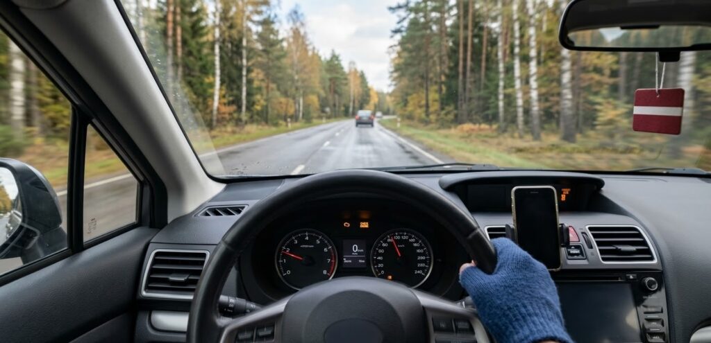 Foto no autovadītāja pozīcijas, kas fokusējas uz priekšējo riteni brauciena laikā. Uz bremžu diska un suporta virsmas redzama grafiska vibrācijas un skaņas viļņu vizualizācija, kas simbolizē nepatīkamo bremžu čīkstēšanu un augstas frekvences skaņu, ko izraisa detaļu berze.