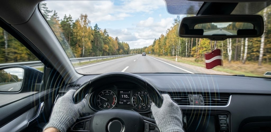 Skats no autovadītāja pozīcijas, braucot ar ātrumu 110 km/h. Uz stūres rata un vadītāja rokām ir redzami grafiski vibrācijas viļņi un neliels attēla izplūdums, kas vizualizē stūres trīcēšanu, ko izraisa nebalansēti riteņi vai ritošās daļas bojājumi.