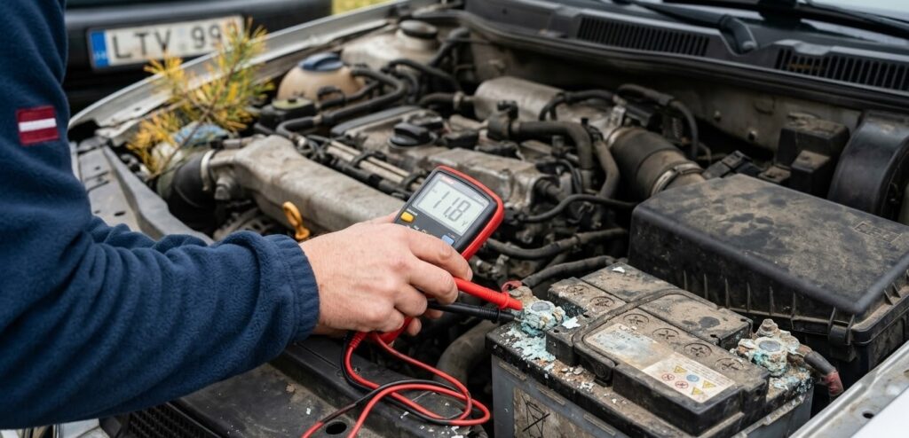 Personas rokas ar digitālo multimetru mēra automašīnas akumulatora spriegumu zem motora pārsega. Multimetra ekrāns rāda zemu spriegumu (11.8V), un akumulatora klemmes ir klātas ar izteiktu zilganbaltu korozijas slāni, uzskatāmi parādot galvenos iemeslus, kāpēc akumulators ātri izlādējas un nevar iedarbināt dzinēju.