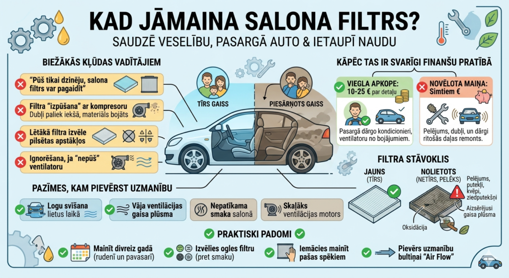 Ilustrācija, kurā salīdzināts jauns, balts salona filtrs ar nolietotu, pelēku un netīru filtru, norādot uz logu svīšanu un gaisa kvalitāti.