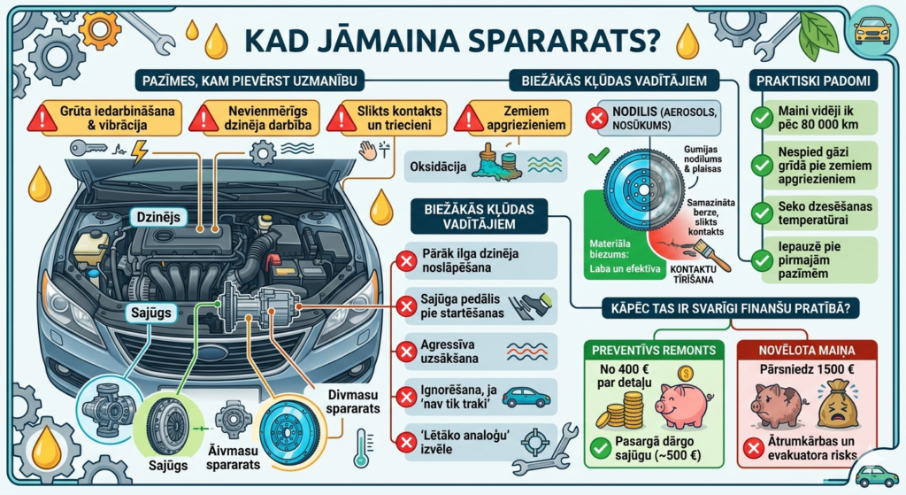 Infografika par divmasu spararatu, kurā parādītas nolietojuma pazīmes: vibrācija, metāliska skaņa un ietekme uz ātrumkārbu un sajūgu.
