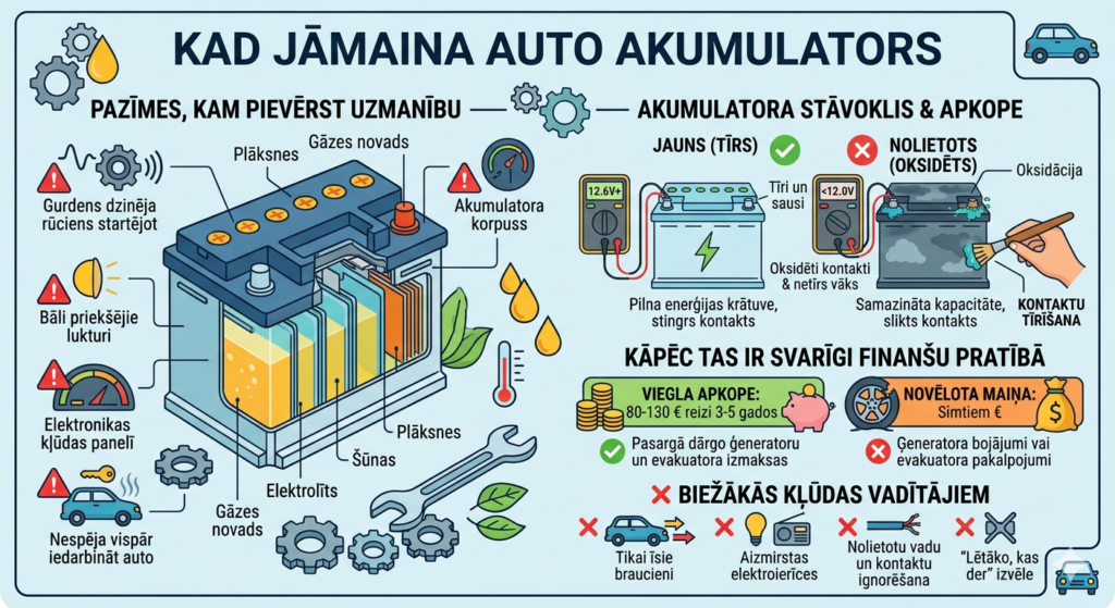 Ilustrācija, kurā redzama akumulatora stāvokļa pārbaude ar multimetru un salīdzinājums starp tīriem un oksidētiem kontaktiem.