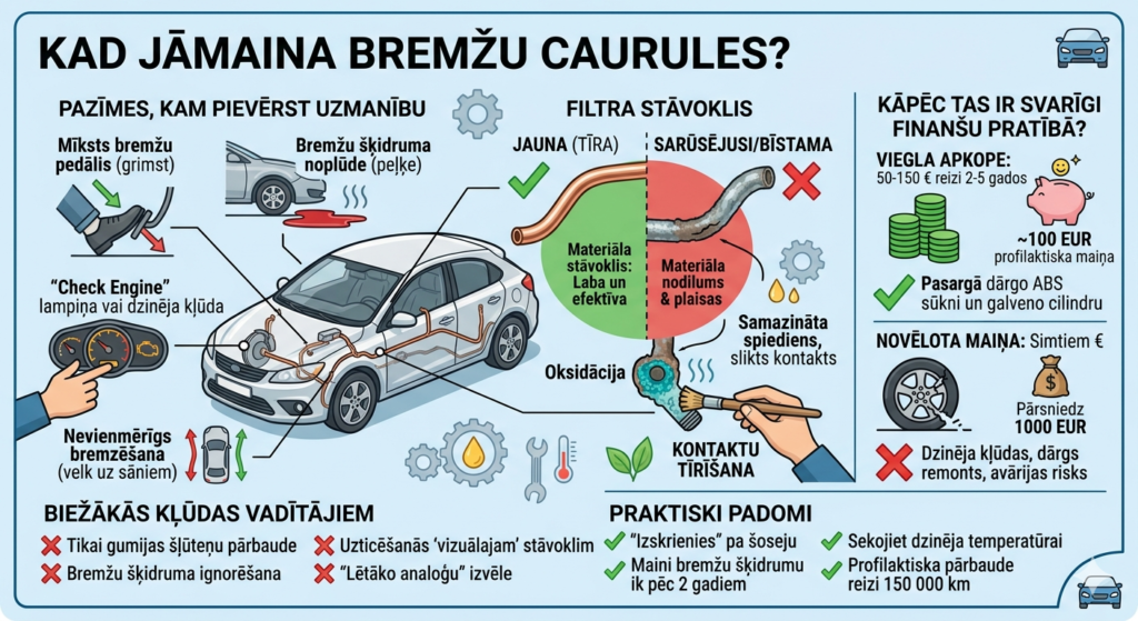 Infografika par auto bremžu sistēmu, parādot atšķirību starp jaunu metāla cauruli un sarūsējušu, kā arī brīdinājuma zīmes kā mīksts pedālis un sūces.